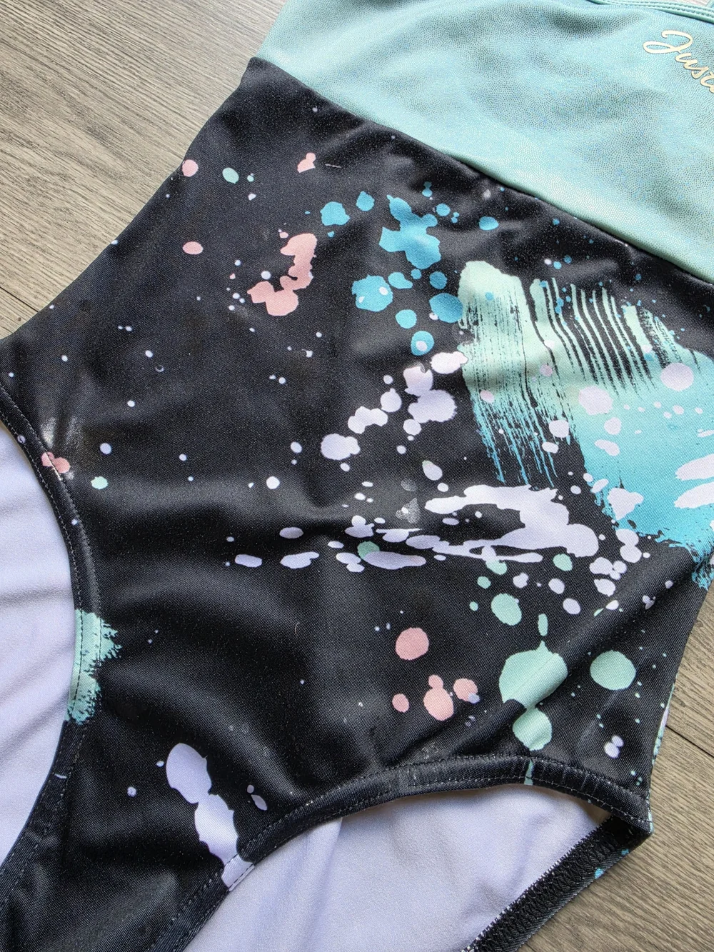 ☀️ Justice Girls Teal Black Splash-Print One-Piece Swimsuit